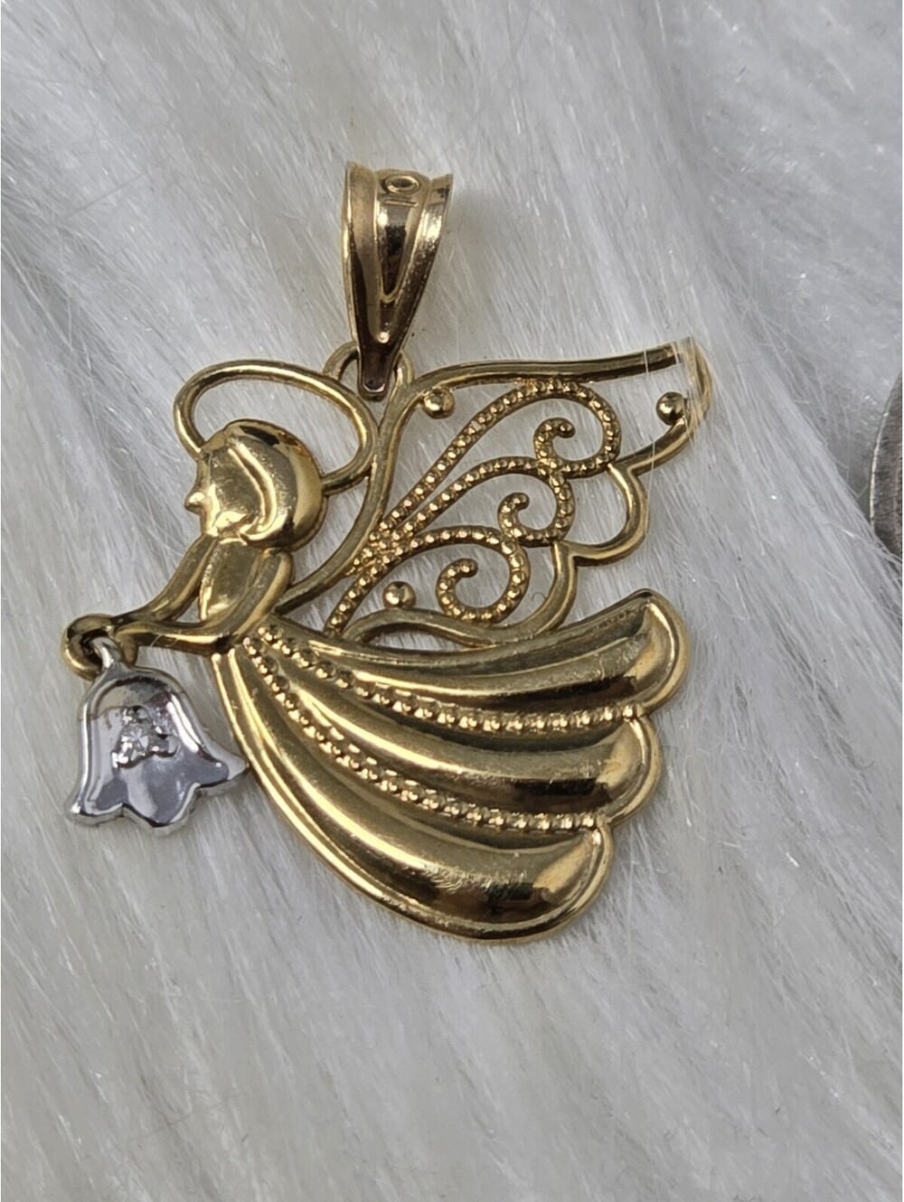 10K Two Tone Gold Angel Pendant Diamond Bell Filigree Wings